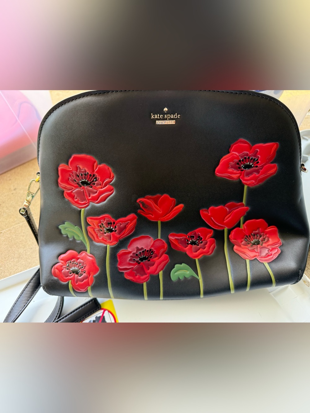 kate spade Black Crossbody with Red Poppy Appliqué